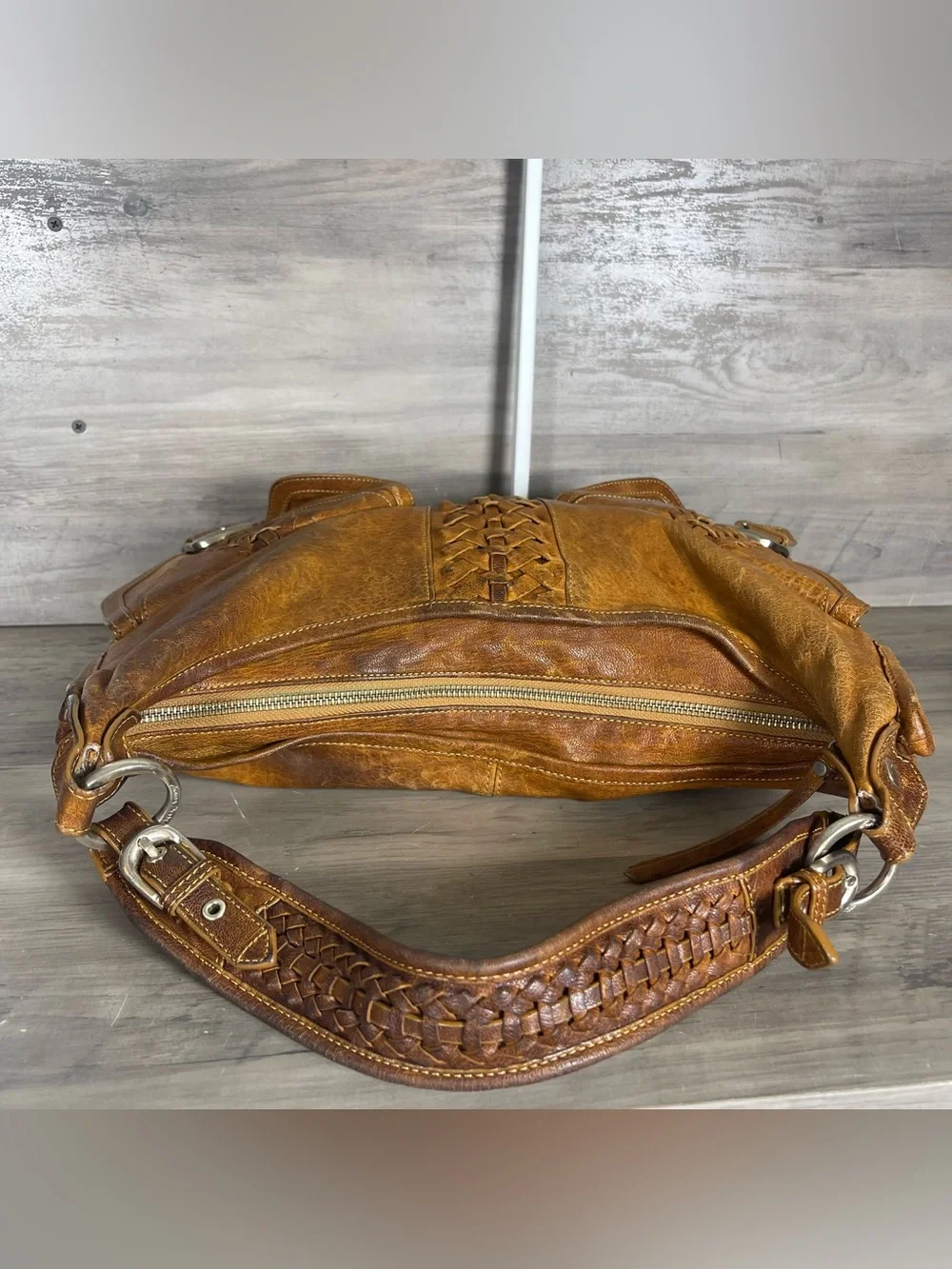 Junior Drake Tan Brown Leather Expandable Hobo Bag 90s Y2K Braided Buckles